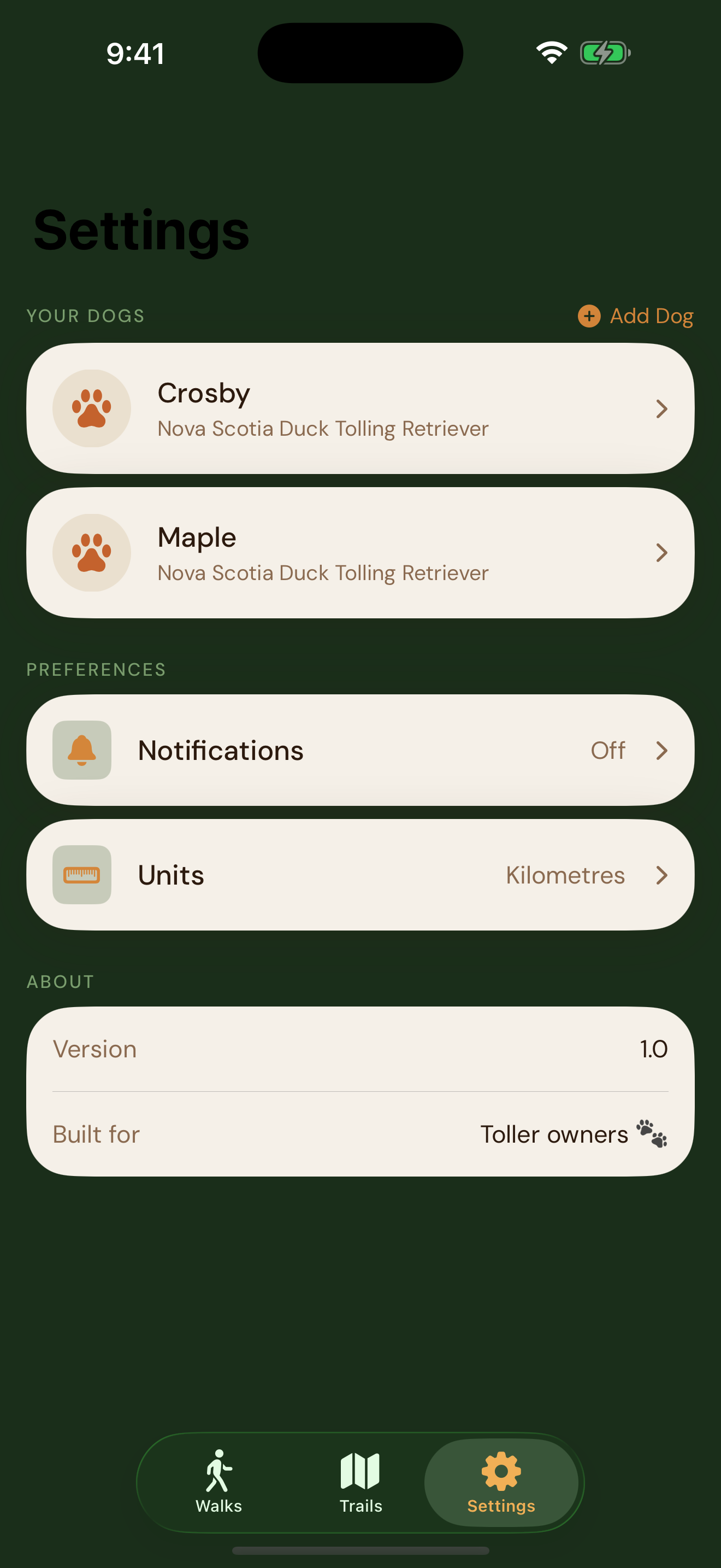 Settings screen in CrosbyTrails showing dogs, units, notifications, and integrations.
